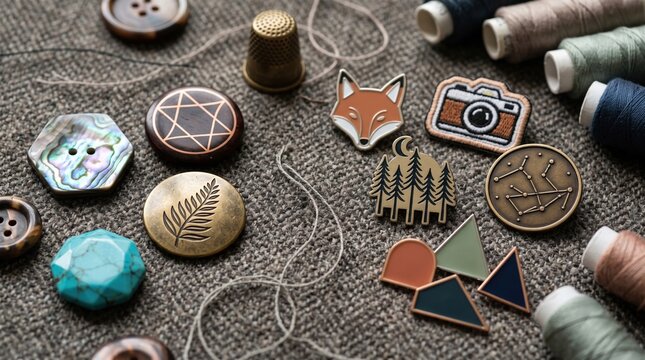 Buttons and a thimble with thread spools and pins on fabric background.