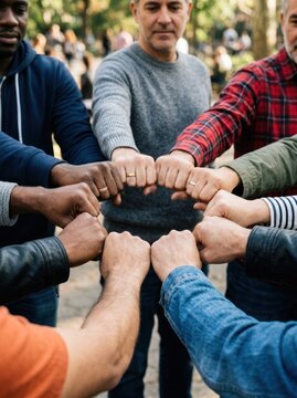 A group of diverse men stand together, forming a circle and locking their hands in a gesture of unity and solidarity. They are wearing casual clothing, including sweaters, hoodies, and plaid shirts.