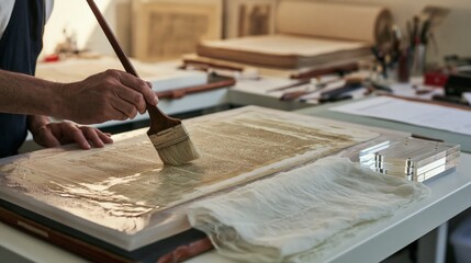 Fototapeta premium Paper conservator moistening the reverse of a buckled document with a brush before weighting it. Concept of document conservation.