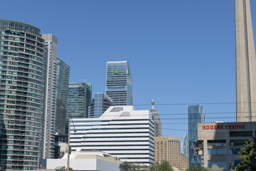 Fototapeta premium looking east over Spadina Avenue bridge/overpass at the Union Station Rail Corridor to buildings in the downtown Toronto core, including TD Terrace