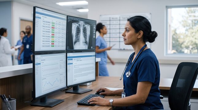 A nurse checks patient data on a computer monitor at a hospital wearing blue scrubs.