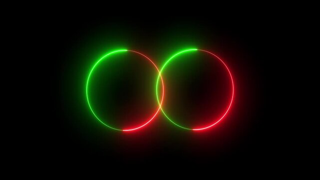 Abstract glowing green and red neon circles intersection intersecting formed