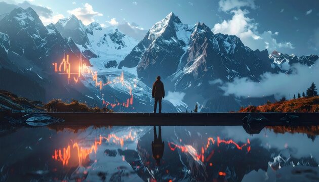 Person observing glowing financial candle chart in mountains