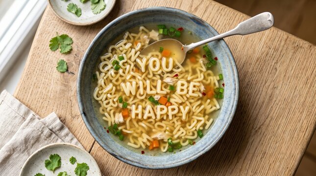 An alphabet soup bowl with a spoon showing a happy message on a table.