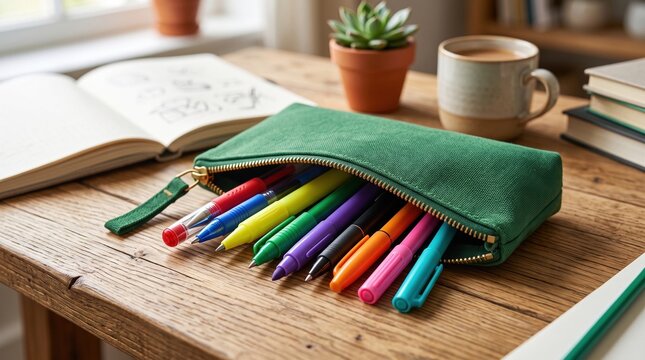 Green pencil case filled with colorful pens on a wooden desk with a notebook and coffee.