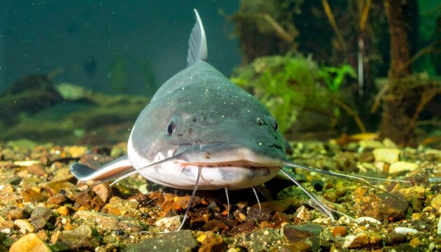 Catfish swimming along riverbed with long whiskers