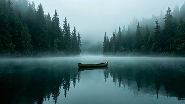Quiet misty forest lake scenery, a single empty canoe floating calmly on still reflective water, tall evergreen trees shrouded in soft fog, minimalist tranquil nature landscape with mirror reflections