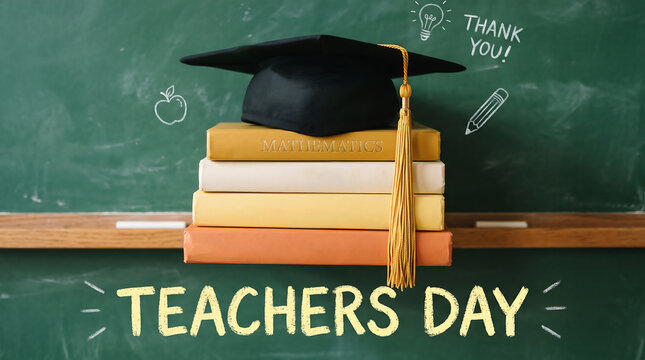Graduation cap resting on stack of mathematics textbooks in front of green chalkboard for teachers day