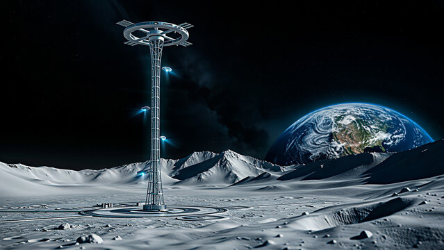 Moon Observation Tower with Earth View and Advanced Lunar Exploration Base