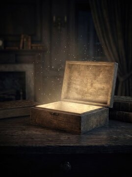 A wooden chest glows with an inner light, revealing a shimmering, ethereal substance within. The chest sits on a weathered wooden table alongside aged books.