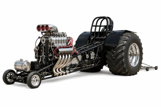 Vintage hot rod dragster car on display at auto show. Classic custom race vehicle with exposed engine and polished chrome details.