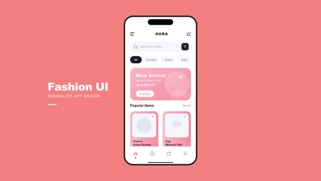 Fashion Ecommerce Mobile Application Interface Minimalist Modern Pink Design UI UX Mockup for Online Retail Shopping App Store Product Display User Interaction