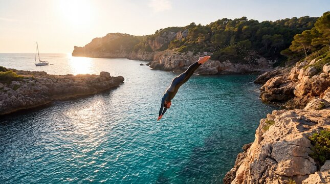 A man jumping from a rocky cliff into the blue sea wearing a wetsuit at sunset.