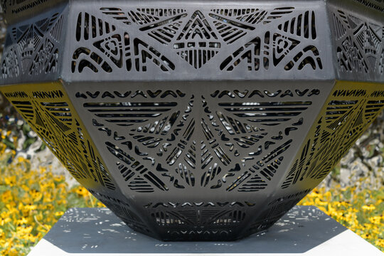 close-up of a metal polyhedron by Jay Havens at Gallery Park, 129 McCaul St, Toronto