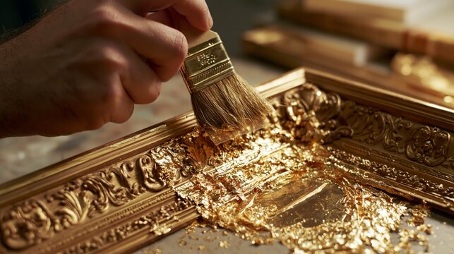 Gilder pressing a thin gold leaf square onto a sticky carved wooden frame with a squirrel hair brush. Concept of gold leafing.