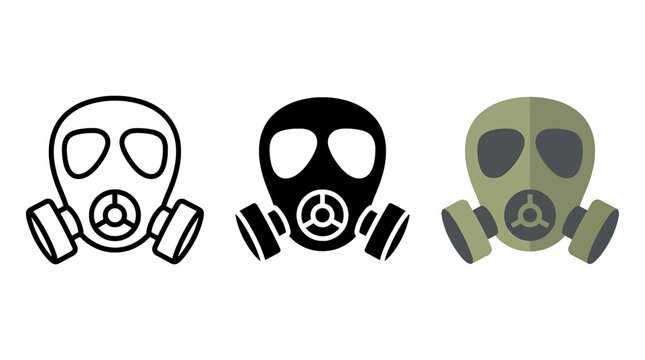 Gas mask icon set in outline, solid, and flat styles for safety, emergency, chemical protection, and survival gear
