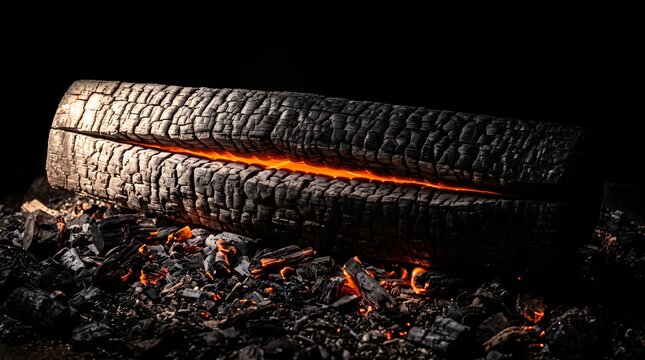 A glowing ember line inside a charred log, symbolizing resilience, hidden inner strength, and persistent passion burning through dark adversity.
