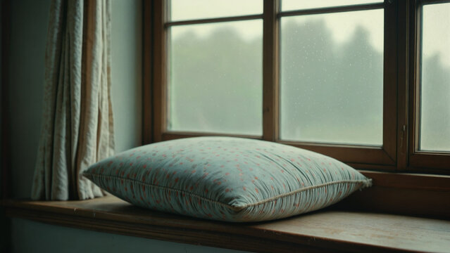A patterned cushion placed on a wooden windowsill next to a window with curtains