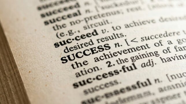 Dictionary definition of success word printed on an old open book page closeup.