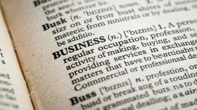 Business word printed in a dictionary definition page showing text and typography closeup.