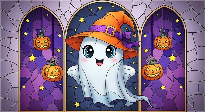 Cute Ghost Wearing Witch Hat Stained Glass Window Style Halloween Background Illustration with Hanging Pumpkins and Stars