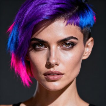 A striking young woman poses for a close portrait showcasing vibrant purple hair colored hair and short hair.