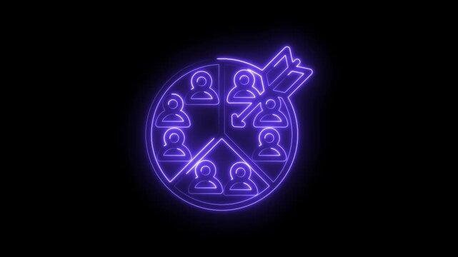 Neon purple target audience segmentation icon with arrow hitting bullseye representing marketing