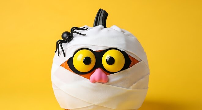Mummy Pumpkin with Spider and Big Yellow Eyes Cute Halloween Craft Wrapped in White Bandage Isolated on Bright Yellow Background
