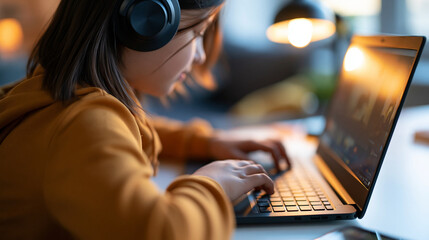 Naklejka premium over-the-shoulder view of a child using a laptop for elearning at home, face out of frame, hands typing on keyboard, headphones on, bright home study setting, remote education