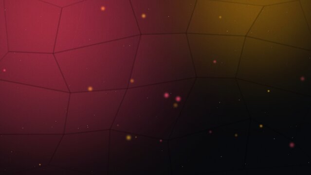 Geometric polygon pattern with warm light particles on dark red surface.
