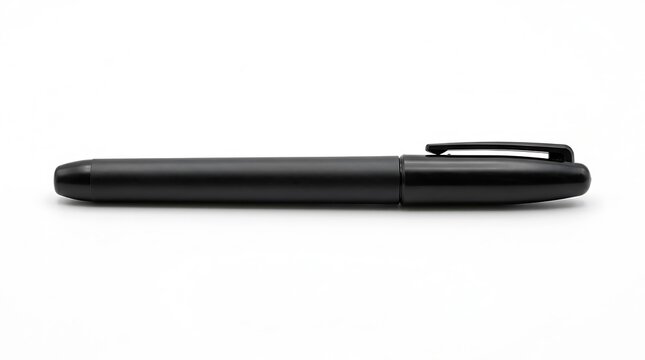 Capped black marker pen lying horizontally in side view, isolated on a clean white background with copy space