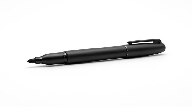 Uncapped black marker pen lying horizontally with exposed felt tip, isolated on a white background with copy space