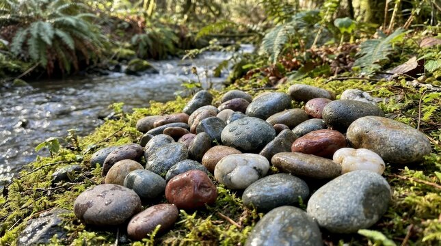 Smooth river stones on mossy bank by stream