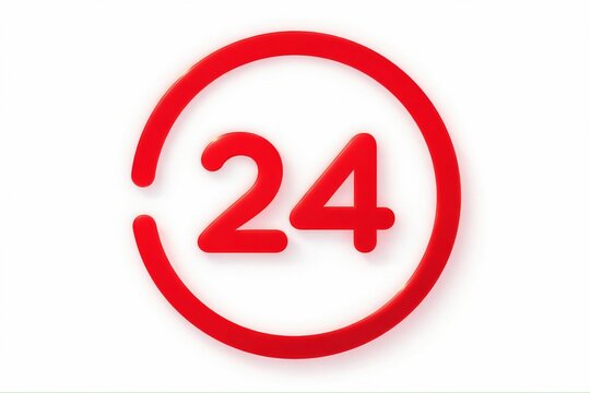 Red circular icon showing number twenty four with arrow for 24 hour clock or service availability