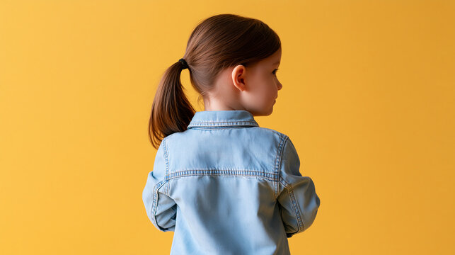 rear view of a little girl in light denim clothing standing against a bright pastel yellow studio wall, face turned away, family and parenthood concept, childhood portrait, cute,