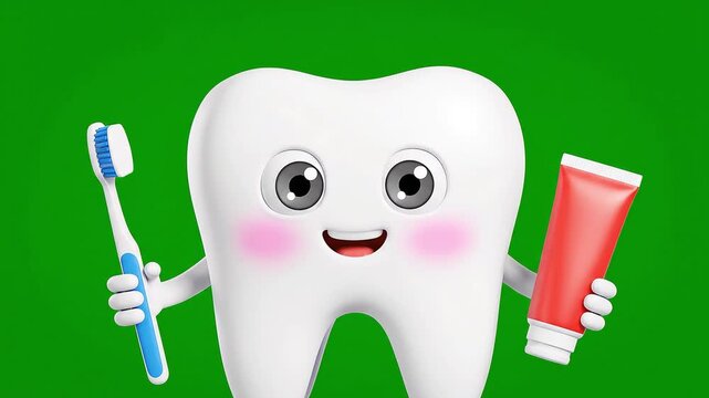 Cute cartoon tooth character holding a toothbrush and toothpaste tube, promoting dental hygiene on a vibrant green background.