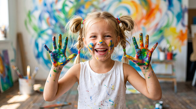Happy little girl with colorful paint on hands and face playing in a creative art studio