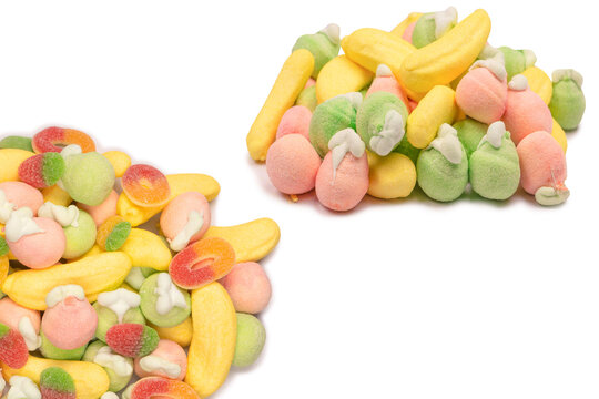 Mix of jelly candys and marshmallows as a background.