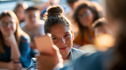 Obraz premium over-the-shoulder view of students taking a group selfie in a bright classroom, faces turned away from camera toward a smartphone, teamwork and friendship concept, education,