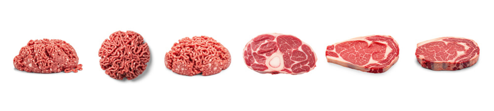 Collection of raw beef cuts is displayed against a transparent background. The cuts include ground beef, ground chuck, ground steak, steak, and roast.