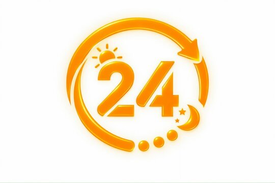 Bright orange 24/7 availability clock icon with sun and smiley face