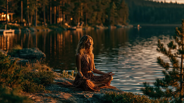 Woman meditating beside forest lake at sunset for mindfulness wellness and spiritual retreat promotion