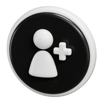 3D Add User Icon Glossy Black and White Button