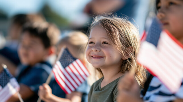 Joyful Young Girl Celebrating Columbus Day Holding Small American Flag During An Outdoor Community Parade Event With Other Happy Children