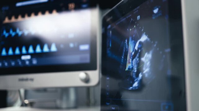 Surgical monitors showing vital parameters during a complex heart operation. Concept cardiovascular surgery, continuous monitoring, medical diagnostics, advanced healthcare and patient safety.