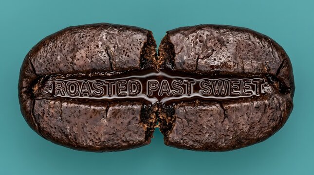 Creative macro photography of a split dark roasted coffee bean revealing the embossed text 'ROASTED PAST SWEET' in a dark liquid core, set against a vibrant teal background.