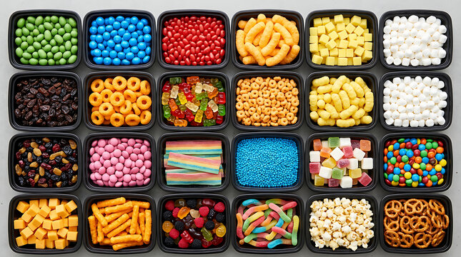 Top view of many colorful gummy candies and sweet treats arranged in small black square bowls on a gray surface