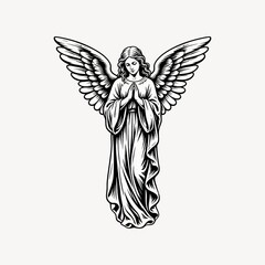 Obraz premium A beautiful black and white line art illustration of a praying angel with outstretched wings, perfect for religious designs and spiritual projects.