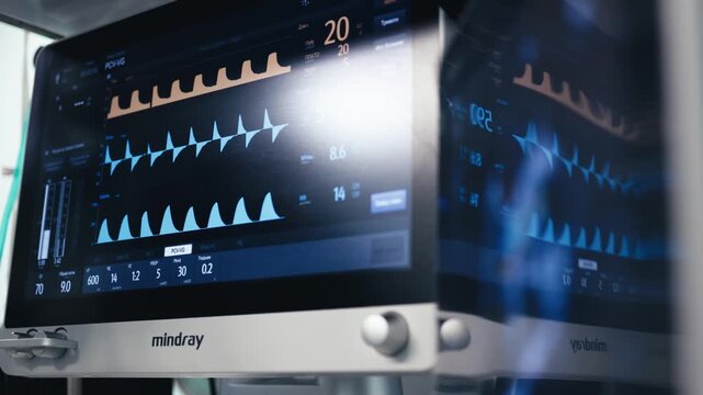 Mechanical ventilator screen displays respiratory waveforms and patient breathing parameters during anesthesia and a surgical procedure.