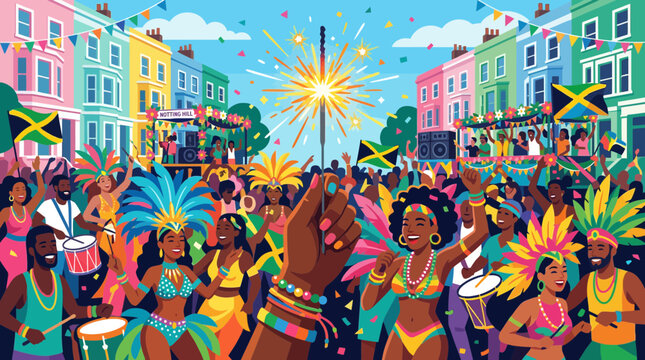Caribbean Carnival Celebration: People Dancing, Music, Flags, Fireworks